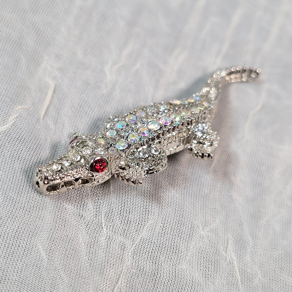 Crocodile Alligator Brooch Pin Silver Tone AB Clear Rhinestone Red Eye Jewelry